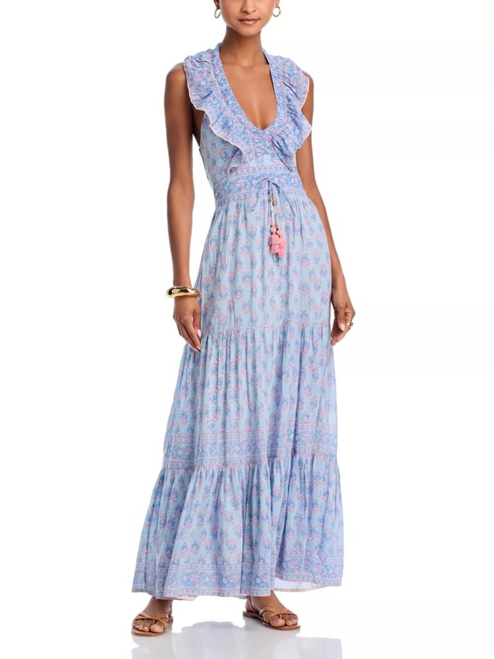 400$ Bell Allie Halter Floral Fit and Flare Maxi Dress Size L Light Blue Pink